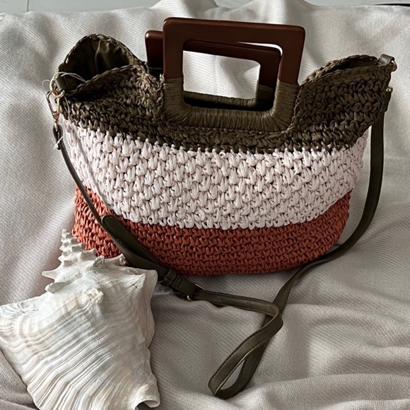 Brand New Sasha Sofi Straw Crossbody Handbag Medium Size Wood Handles - Picture 5 of 6